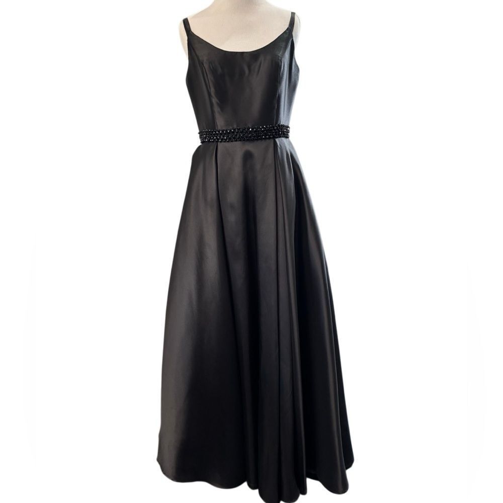 Madison James Black Satin Formal Dress Beaded Waist A Line Prom Gown Size 10